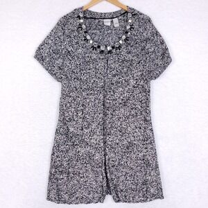 Emma James Embellished Sweater Tunic Short Sleeve Marled Black White Open Large